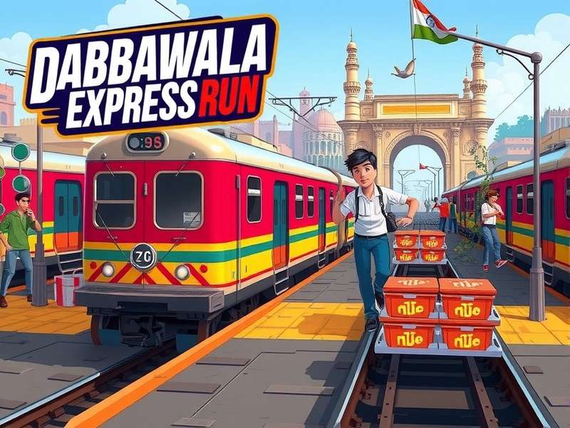 Gameplay screenshot of Dabbawala Express Run showing Raju Koli navigating Mumbai's local train platform with tiffin stacks, featuring authentic Mumbai landmarks and crowd dynamics