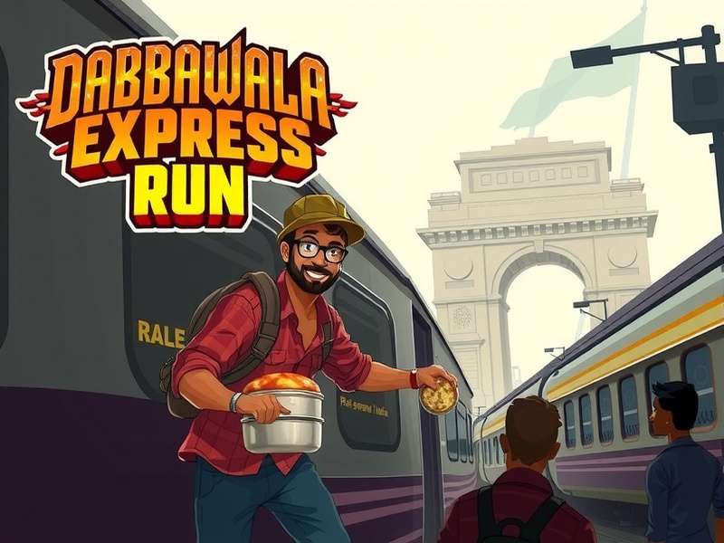 Dabbawala Express Run Game Cover featuring protagonist Raju Koli with Mumbai's iconic local train and Gateway of India in the background